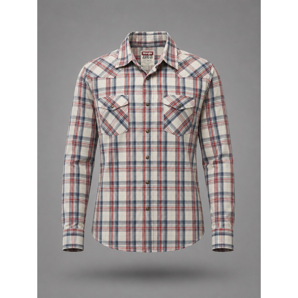 Wrangler Jeans Co Mens XL Red White Blue Plaid Western Snap Shirt JLP6GWW